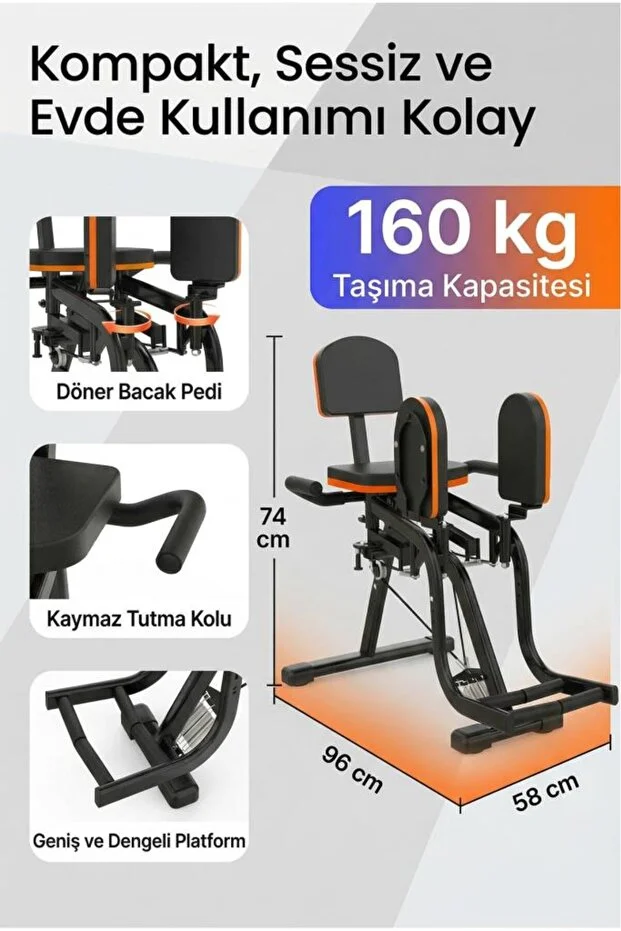 DEMPOWER 160 Kg Kapasiteli, Stabil Ayak Platformlu Kalça Ve Bacak Egzersiz Aleti - Ekstra 2 Direnç Yaylı
